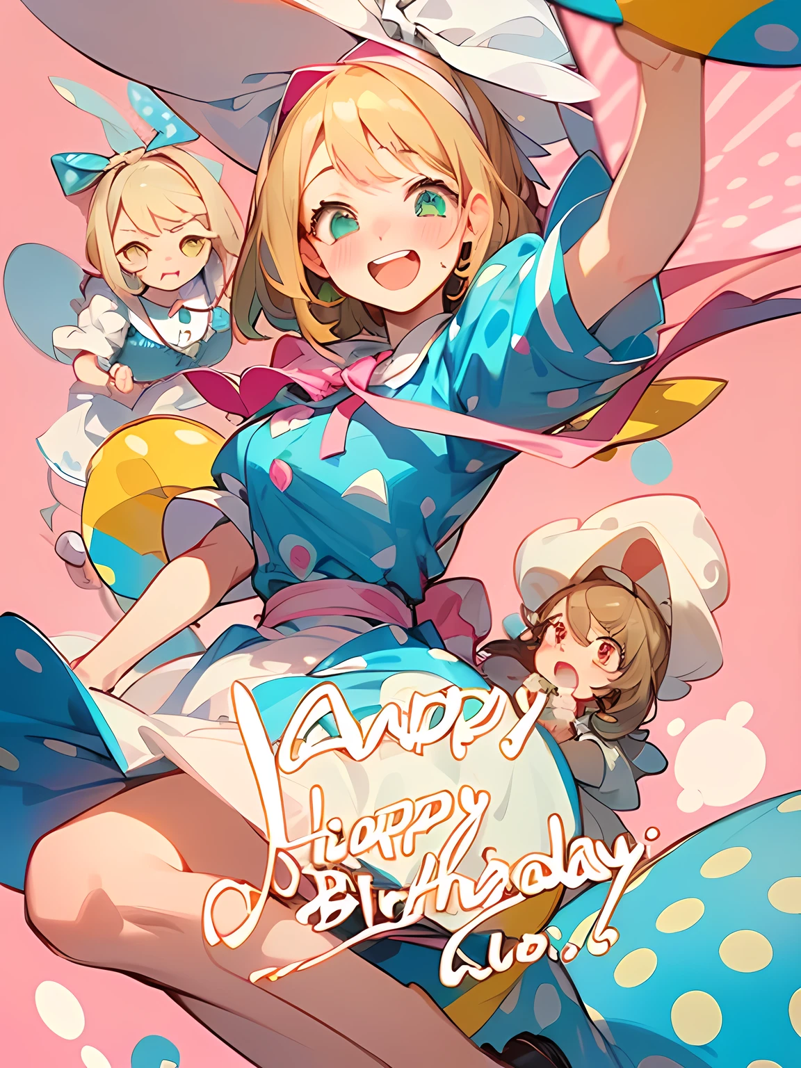 (happy Birthday),((🎂)),((trio:1.3)),((Alice in Wonderland:1.3)),((A vibrant and lively background:1.2)),(Pop and cute polka dot pattern:1.45)),((You are the main character！:1.2)),((Beautiful images:1.15)),((high quality:1.15)),((Perfect graphics:1.15)),(((girl、Lady:1.2))),Big smile,(blush、Embarrassed laugh:1.25),(white、pink、cream、black、yellow)