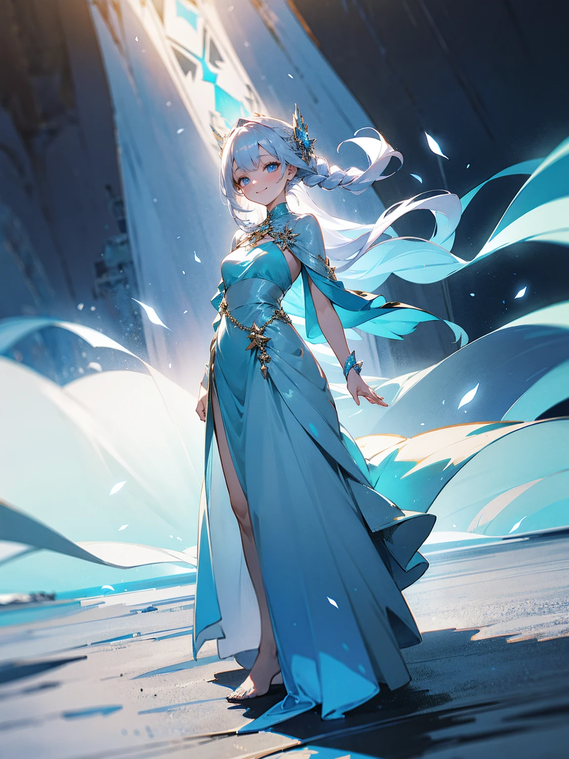 Young female, silver hair, ethereal glow, flowing blue gown, serene smile, standing on path