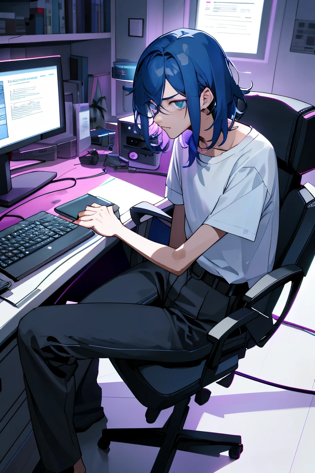 A person, identified as a sexy boy with a sissy aesthetic, is deeply engrossed in the study of object-oriented programming. Sitting in front of a sleek, high-end computer, they wear a fitted t-shirt that accentuates their figure, revealing a hint of lace from underneath. A strapon belt is subtly visible, hinting at their gender explorations. The room is filled with a soft glow from the computer screen, casting a surreal light on their chiseled jawline and full lips. Despite the distraction, they maintain a serious expression, fingers hovering over the keyboard, focusing on the complex code before them.