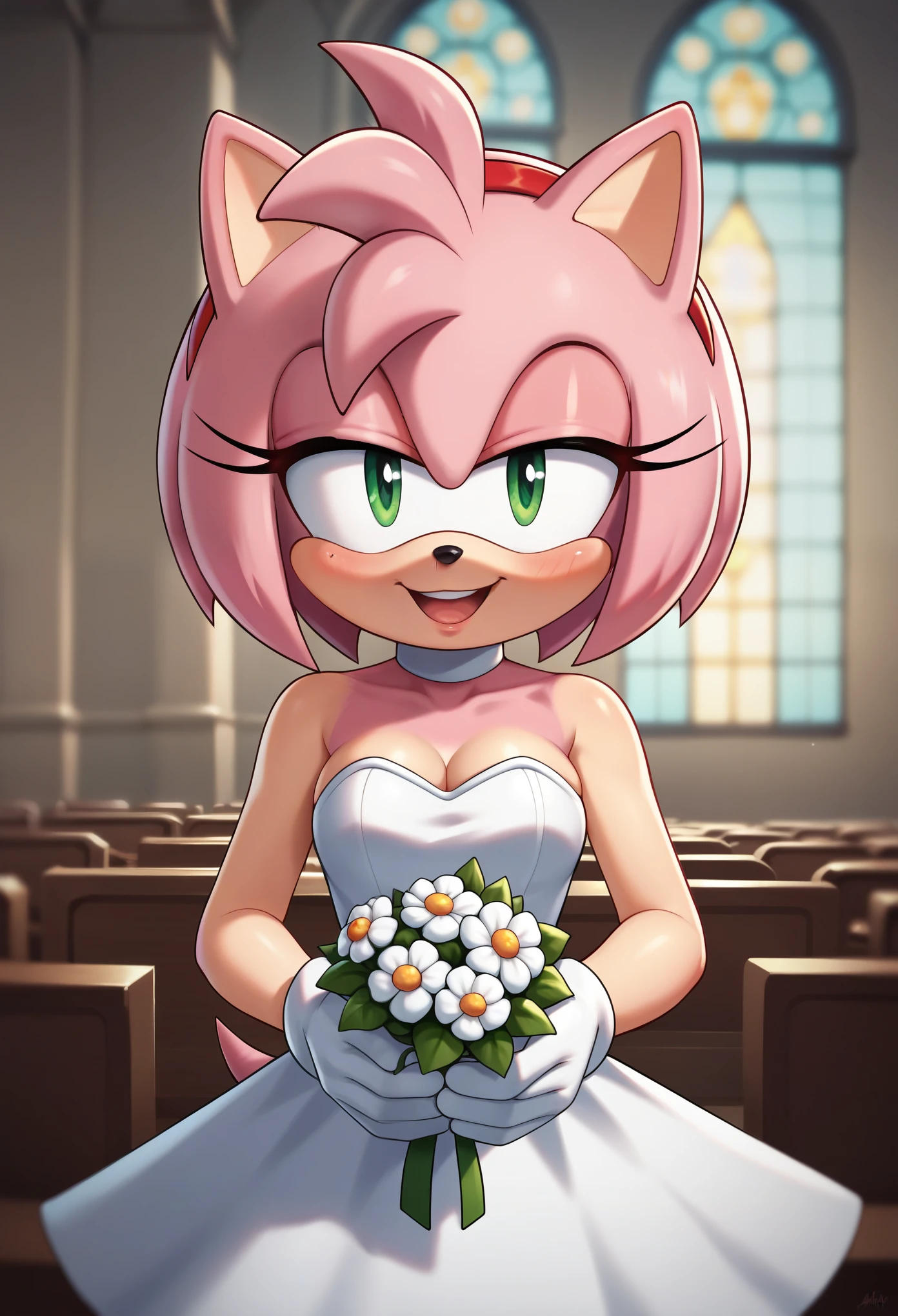 score_9, score_8_up, score_7_up, score_6_up, score_5_up, score_4_up, amy rose, (front view), (short body), anthro furry, pink fur, green eyes, hedgehog ears, small tail, pink tail, (wearing a white wedding dress), strapless, white sleeve gloves, sexy curves, big head, (solo), (standing), (shy), (blush) (seductive pose), (holding a bouquet of flowers), open mouth, smile, (looking at viewer), (seductive look), (church background)