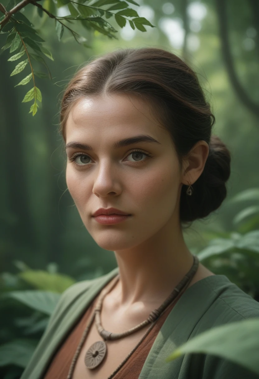Woman, A cinematic close-up portrait of a woman embodying the essence of an ancient druid made of bark, living concealed in the greenery of a forgotten forest. The artwork should exude incredible details inspired by the styles of Artgerm and Rafael Lacoste. The image should capture the 35mm film aesthetic with a bokeh effect, maintaining a professional quality, 4k resolution, and an emphasis on extreme intricacy.