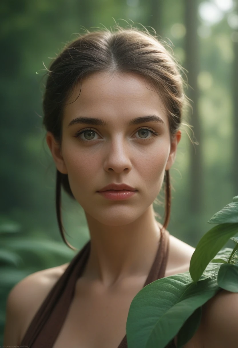 Woman, A cinematic close-up portrait of a woman embodying the essence of an ancient druid made of bark, living concealed in the greenery of a forgotten forest. The artwork should exude incredible details inspired by the styles of Artgerm and Rafael Lacoste. The image should capture the 35mm film aesthetic with a bokeh effect, maintaining a professional quality, 4k resolution, and an emphasis on extreme intricacy.