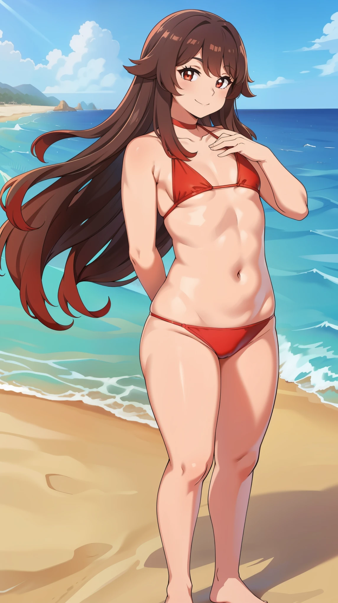 (Zoomed out:1.0)Very long brown hair, Full body, cute pose, looking at viewer, Hi Tao, red bikini, beach, smiling, standing, full body, tiny breasts, flat chest, (flat chest:1.0), shore