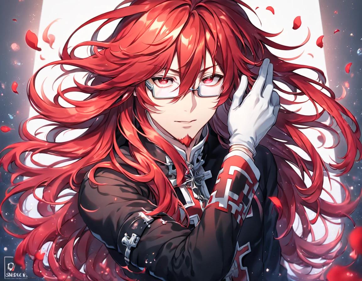 absurdres, highres, ultra detailed, HDR, master piece, best quality, extremely detailed, Marian Cross, red hair, long hair, hair between the eyes, messy hair, expressive red eyes, D.Gray-man, rectangle glasses, red goatee, solo, sexy man, handsome, sensual, black clothes, white gloves, magical, fantasy, red water, red roses, shining, red petals, red glittering fireflies