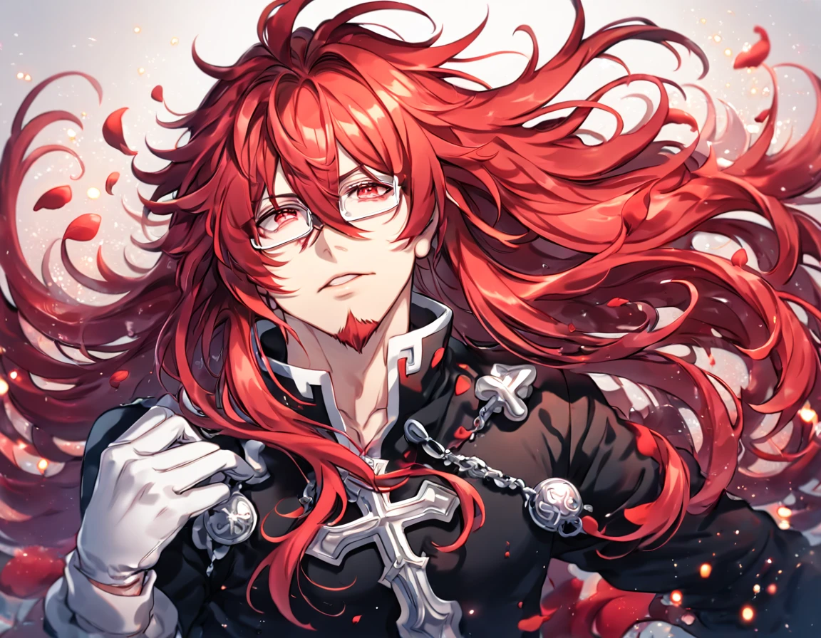 absurdres, highres, ultra detailed, HDR, master piece, best quality, extremely detailed, Marian Cross, red hair, long hair, hair between the eyes, messy hair, expressive red eyes, D.Gray-man, rectangle glasses, red goatee, solo, sexy man, handsome, sensual, black clothes, white gloves, magical, fantasy, red water, red roses, shining, red petals, red glittering fireflies