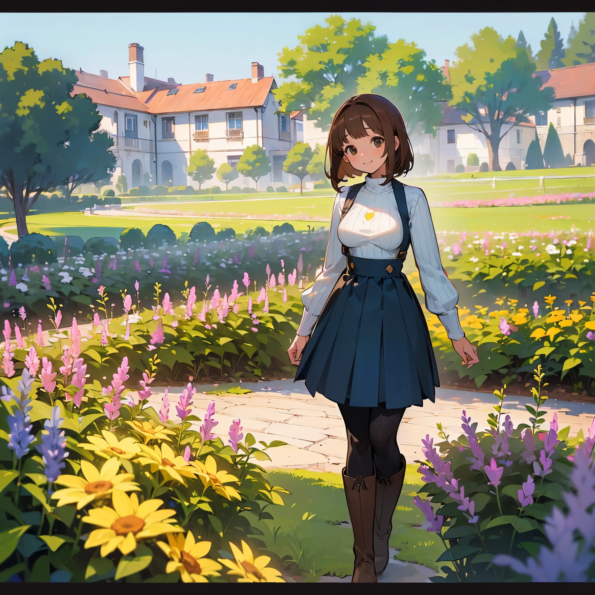 (high quality, High resolution, Very detailed, reality:1.37), Peaceful atmosphere, (Outdoor, garden), age girl standing alone, (my breasts are big.), Beautiful details, Cute Smile, (Brown bob hair), Ribbed sweater, Blue Skirt, Black tights, Brown boots.