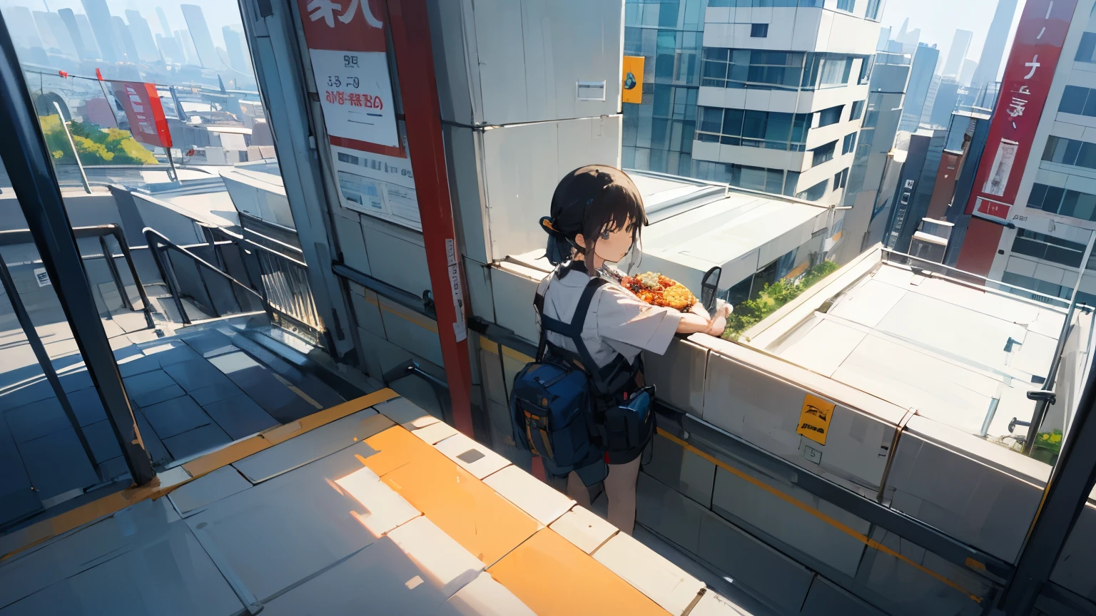 ((Highest quality)), ((masterpiece)), (detailed),rooftop,Shibuya,street vision,girl,Summer vacation,lunch,Windows11,hacking,Niconico,cyber-,news