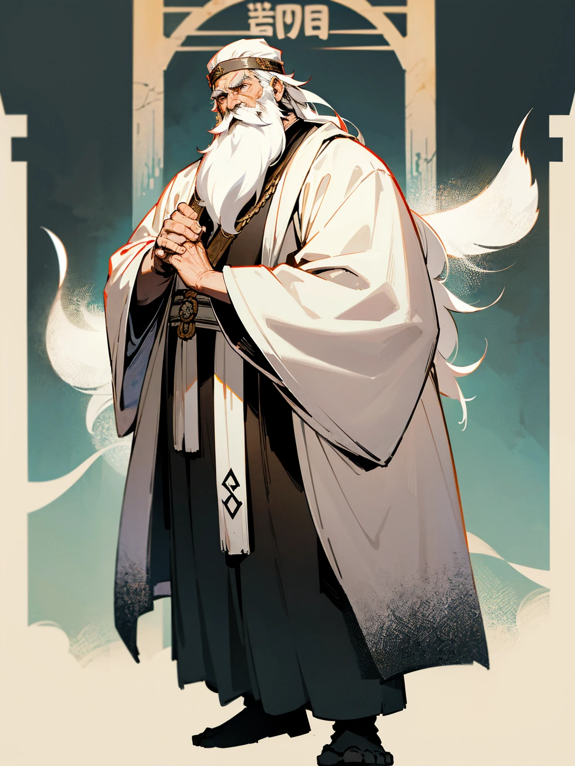 Older male, long white beard, heavy robes, ancient runes, wise gaze, standing on path