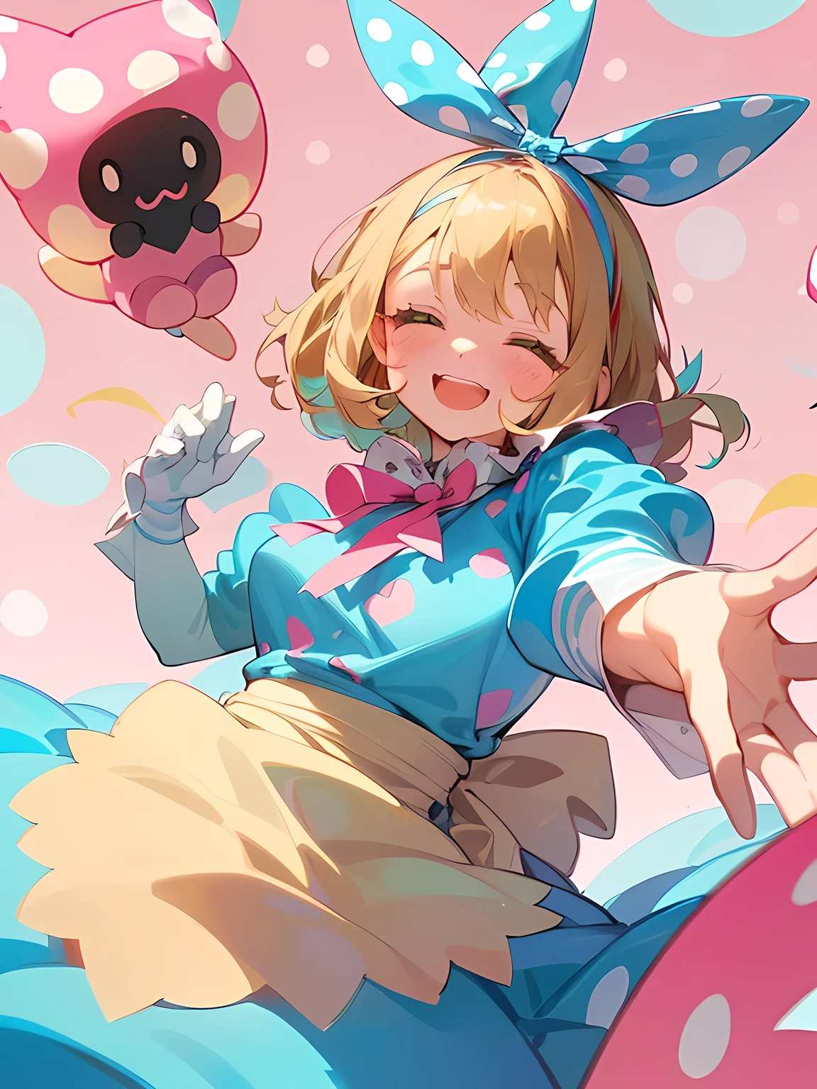 ((trio:1.3)),((Alice in Wonderland:1.3)),((A vibrant and lively background:1.2)),(Pop and cute polka dot pattern:1.45)),((You are the main character!:1.2)),((Beautiful images:1.15)),((high quality:1.15)),((Perfect graphics:1.15)),(((girl、Lady:1.2))),Big smile,(blush、Embarrassed laugh:1.25),(white、pink、cream、black、yellow)