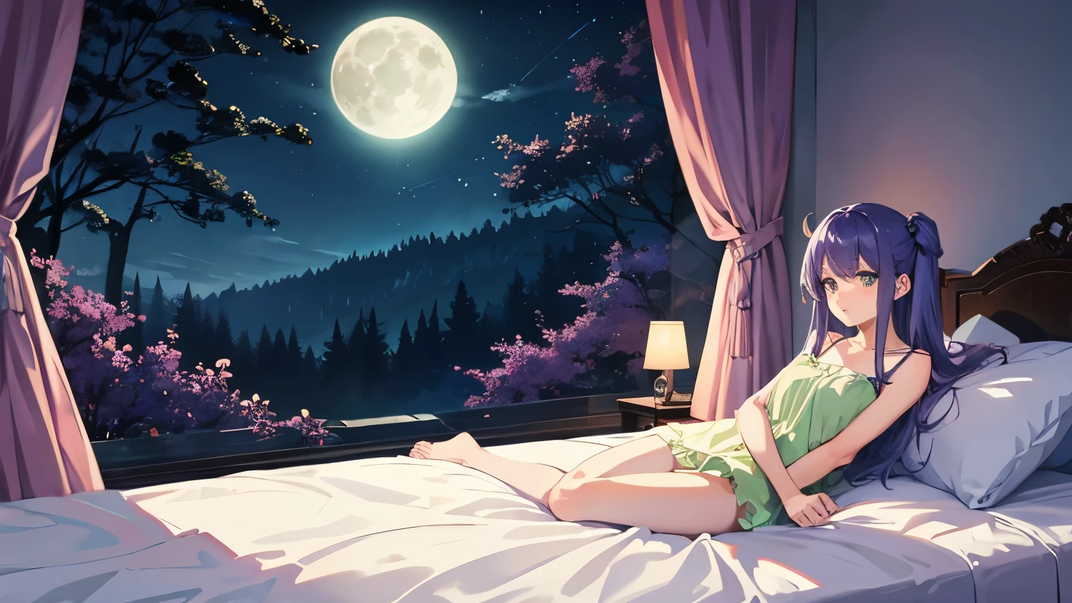 anime style magical bedroom at night in forest pastel purple and green, moon and stars ellements