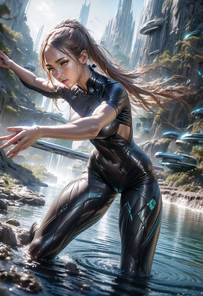 A beautiful female elf in a traditional Chinese qipao dress, controlling water with her hands, wearing a tight-fitting bodysuit, in a futuristic sci-fi setting, (best quality,4k,8k,highres,masterpiece:1.2),ultra-detailed,(realistic,photorealistic,photo-realistic:1.37),intricate details,dynamic pose,elegant and powerful,glowing water effects,cinematic lighting,vibrant colors,advanced technology,sci-fi background