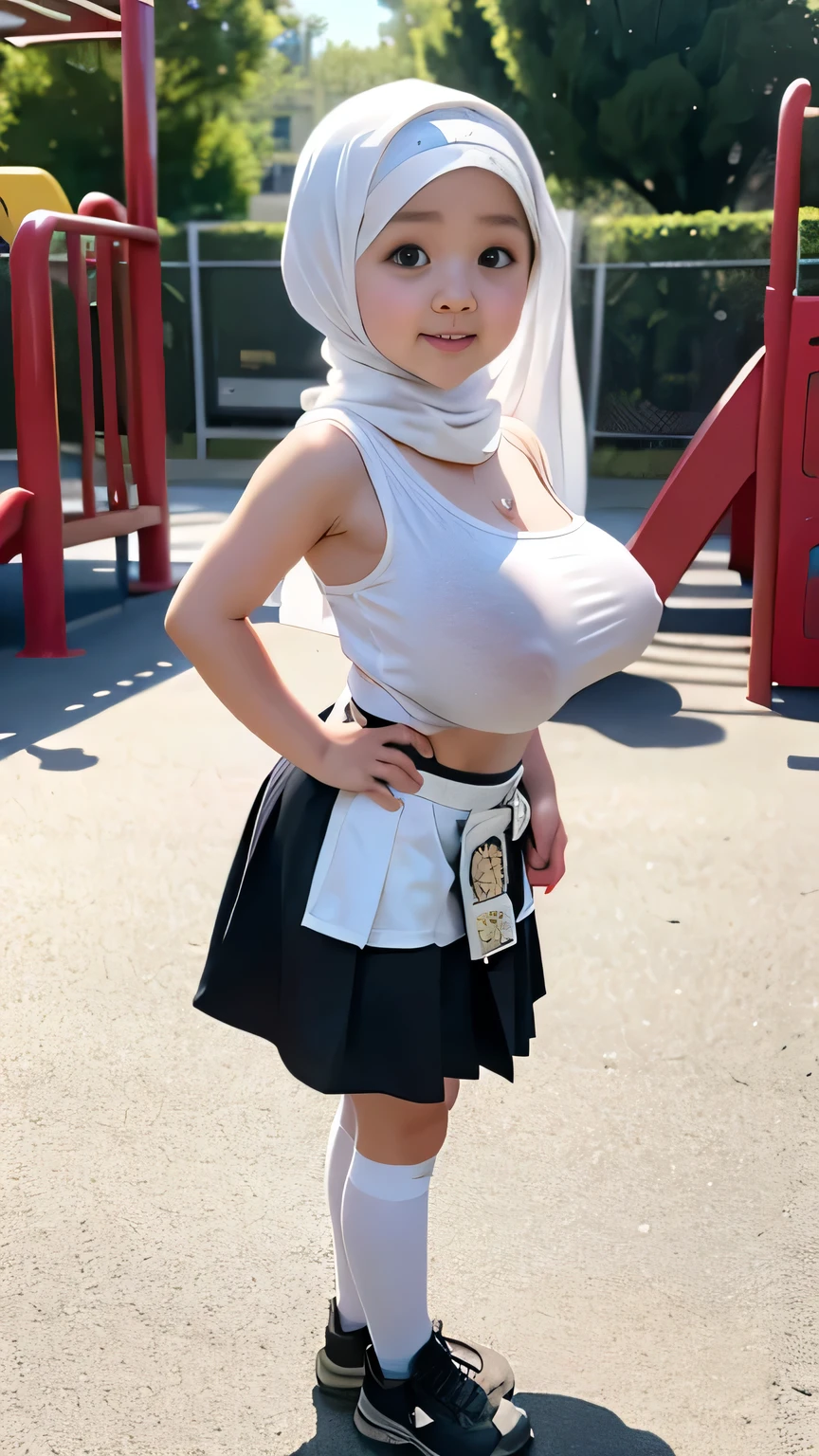 Realistic, adorable, 1girl, hijab, 8 , baby facee face, cute face, happy, full body shot, (face details: 1), (eye details: 1), ((large breasts)). ((Gigantic breasts)). ((Big breast)). ((Heavy breasts)). ((Sagging breasts)). Mini skirt, white spaghetti Tank top, knee high socks, Cute posed, side view pose, playground, People in the background, blurry background 0.4, Ultra High Res. realistic: 1.4, UHD