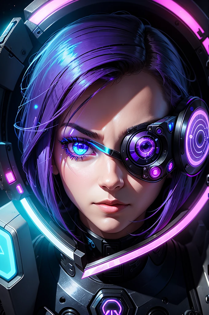 /imagine prompt: An eye with cybernetic components, blue and purple neon lights, futuristic style, technological abstract background, high resolution, detailed style --v 5 --ar 1:1 --q 2