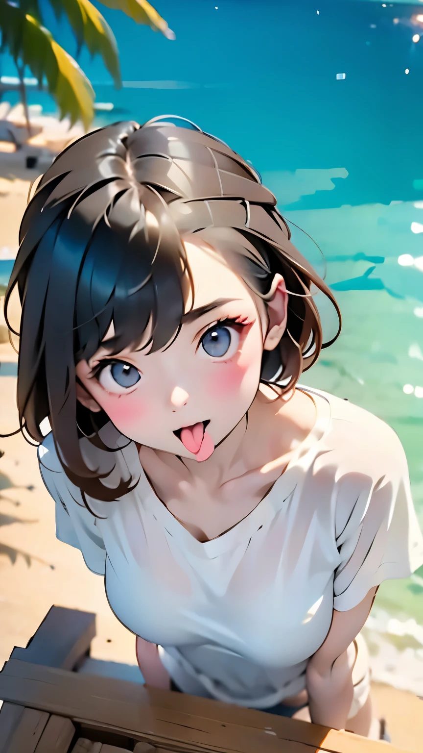 Beautiful and fair、Glowing Skin、Highest quality、Ultra-high resolution、masterpiece、10 years old, Beautiful clear grey eyes、Brown Hair、(((White T-shirt ,White panties:1.2))), blush, Open your mouth, (Showing tongue),Stick out your tongue cutely、Teehee、Shooting from above:1.37、Subject looking up、White cloud、blue sea、Sandy Beach、Palm tree、Resort、Cottage on the sea、Best Shadow、