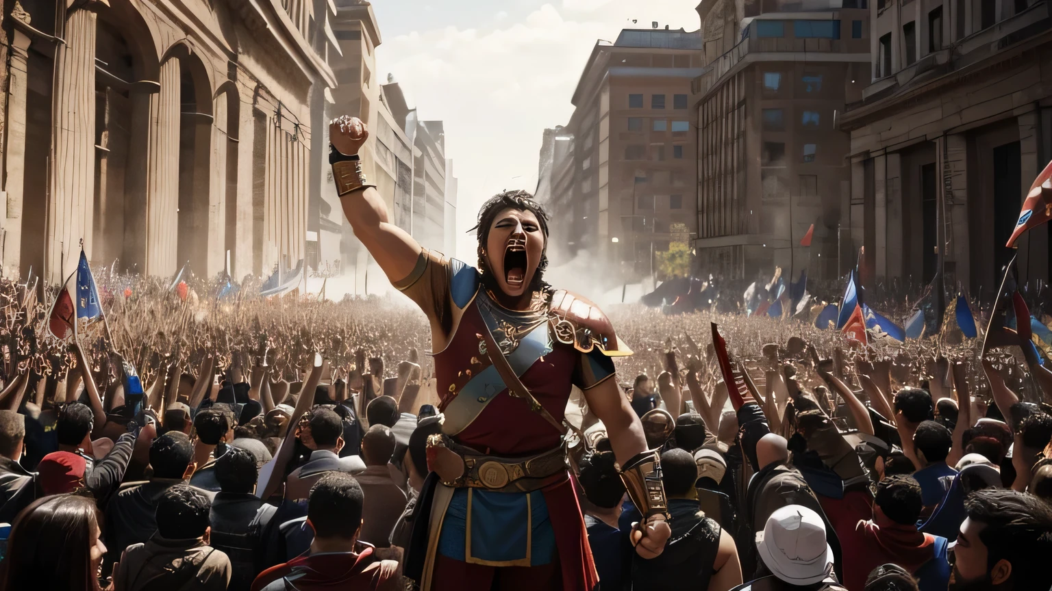 a warrior is celebrating the victory of a battle, raising his fist high and shouting in triumph. It&#39;s covered in dust and bloodstains, with an expression of exultation on his face. The background is a devastated battlefield, with bodies and debris scattered around. The setting sun casts a golden glow over the scene, highlighting the warrior&#39;s proud and triumphant demeanor. The atmosphere is one of celebration and conquest after the intense struggle.