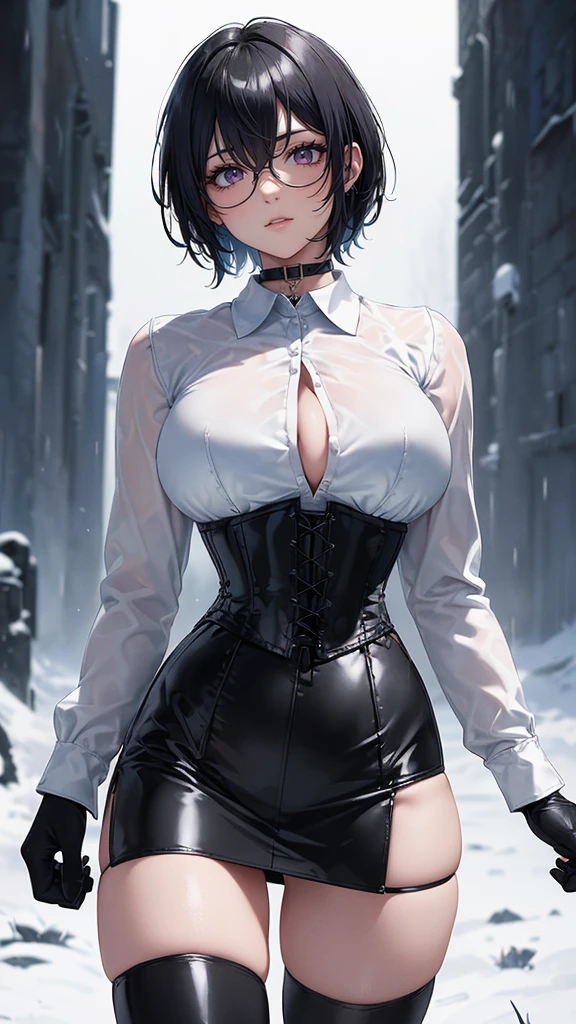 Masterpiece, Best Quality, (perfect anatomy,realist:1.3, front view, facial focus,(without looking at the viewer:1.2), (1 girl in:1), 1 woman, (big breasts:1.2), sexy body, thin waist, Attractive front curves, round and soft chest, disgusted face, (black fur:1.6, short hair), evening, Heavy Rain, exterior, City, crop top, he wears transparent glasses, choker 1:6, (White long sleeve collar shirt:1.4), (corset black leather), black gloves covering up to the elbow, (shiny black leggings), blood stains, Dark alley, blood splattered on the floor, bright red light, bright Eyes, depth of field, night sky, Atmosphere, perfect hands