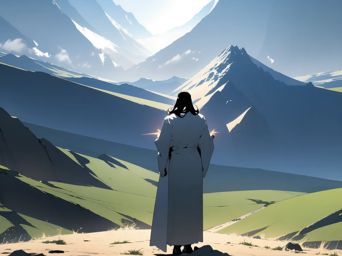 In a deserted, apocalyptic place, several superheroes (show the superheroes at the bottom of the image) (angle of view behind the superheroes) fought but suddenly the superheroes turned their eyes towards a mountain, a moment of peace, serenity and calm appears. At the top of the mountain appears a Man from the Bible, a divine man, Jesus Christ (Jesus of Nazareth) (show Jesus Christ at the top of the image) around him a light radiates, his presence brings peace and tranquility, it is a sublime moment between earth and heaven. (Better quality) (Detailed) (Realistic animation) (Japanese lines) (Cinematic) 8k