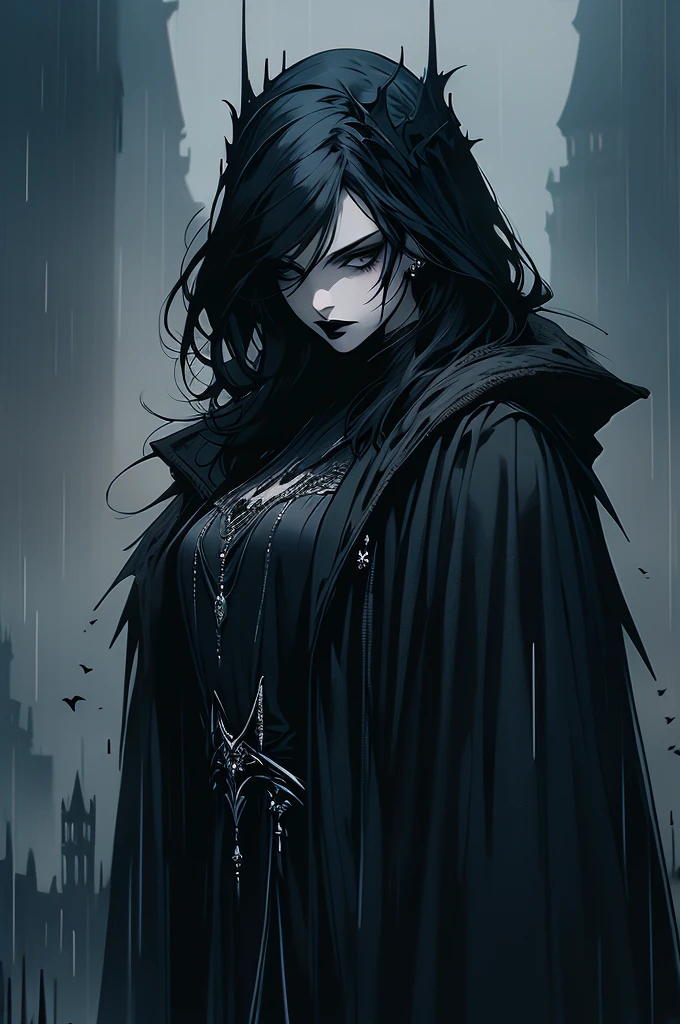 Attractive female with pale skin silver eyes, black lipstick, She has raven black ragged hair, wearing a thin robe like cloak, in a dark Field with a castle behind her, and a raven is flying next to her at night in the rain. dark fantasy art, gothic, with raven on her shoulder