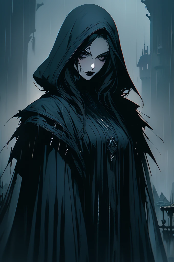 Attractive female with pale skin silver eyes, black lipstick, She has raven black ragged hair, wearing a thin robe like cloak, in a dark Field with a castle behind her, and a raven is flying next to her at night in the rain. dark fantasy art, gothic, with raven on her shoulder