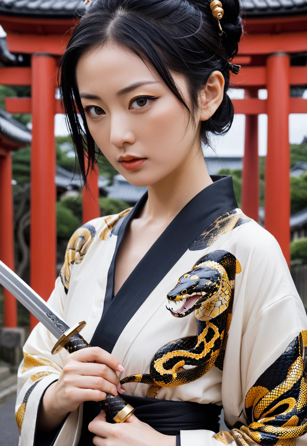 Close-up of a woman holding a sword with a snake, shohei otomo, she is holding a knife sword, inspired by Torii Kiyonobu I, Inspired by Harumi Hironaka, knife, With a sword on his shoulder, ukiyoe style, Inspired by Shunkōsai Hokushū