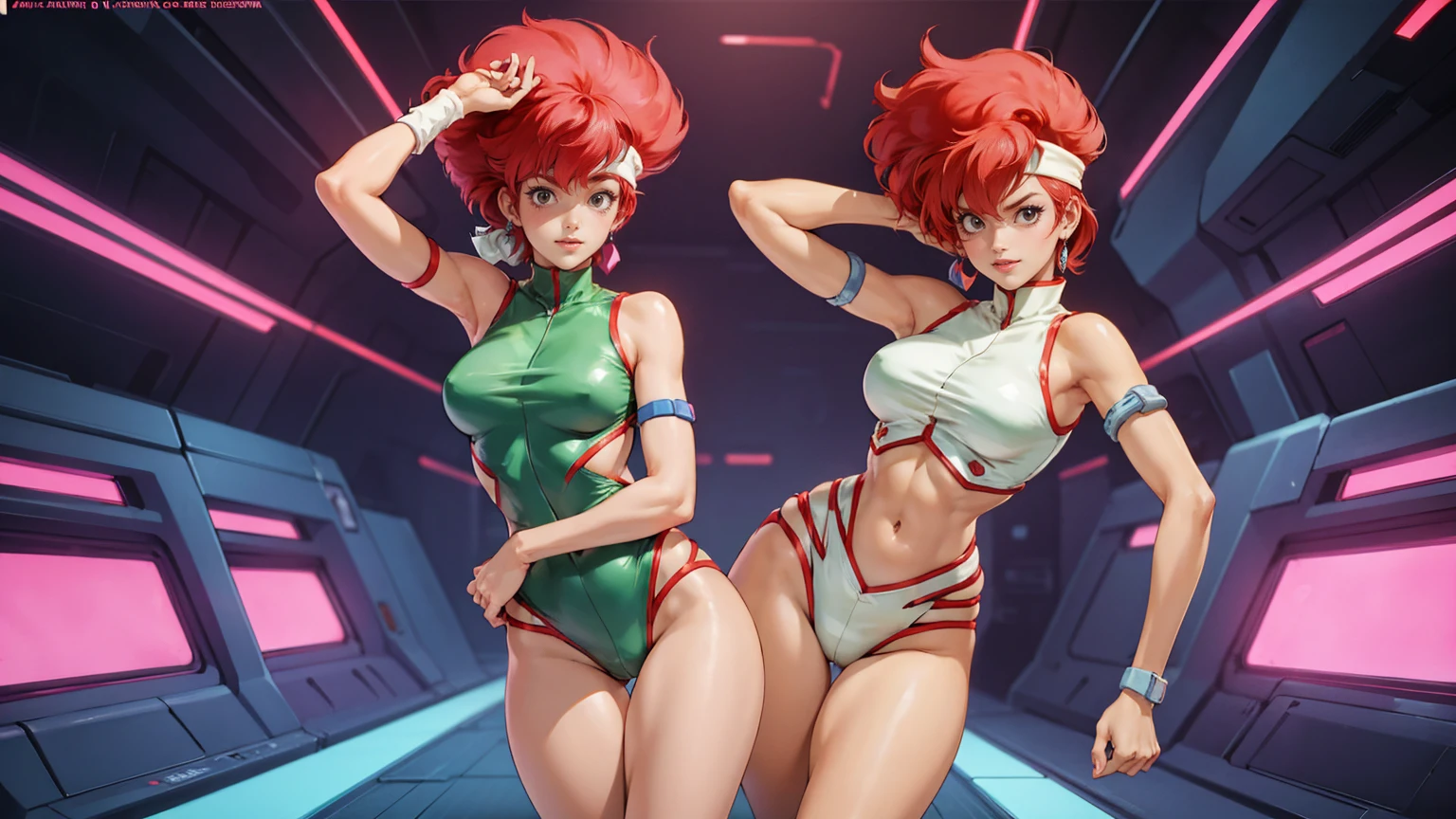 Kei from The Dirty Pair, , wearing a tight outfit, frame, legs, medium breast, red hair beauty, cyberpunk city background, holding retro space-gun, headband, slim waist, slim thighs, thigh gap
