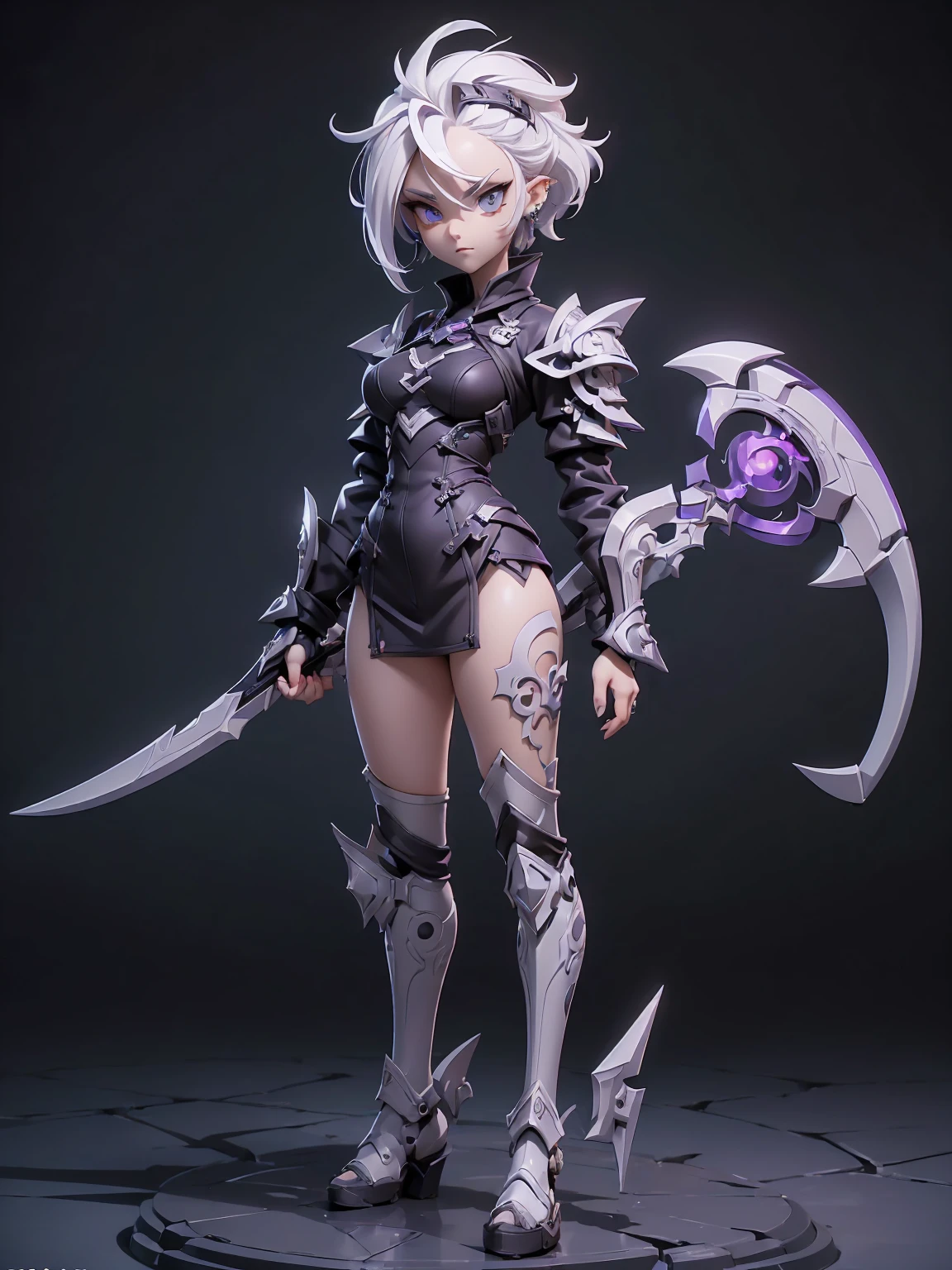 (((masterpiece, best quality, high detailed, 16k))) (1girl) cute girl with short stylish white hair and piercing eyes. She wears a demonic armor in purple black and white. wields a large stylized scythe. ((full body front view)), (extremely detailed:1.5)