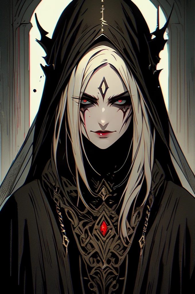 Pale, Creepy cultist, dark elf, low dim lighting, dark chamber, smirk, blood on her face