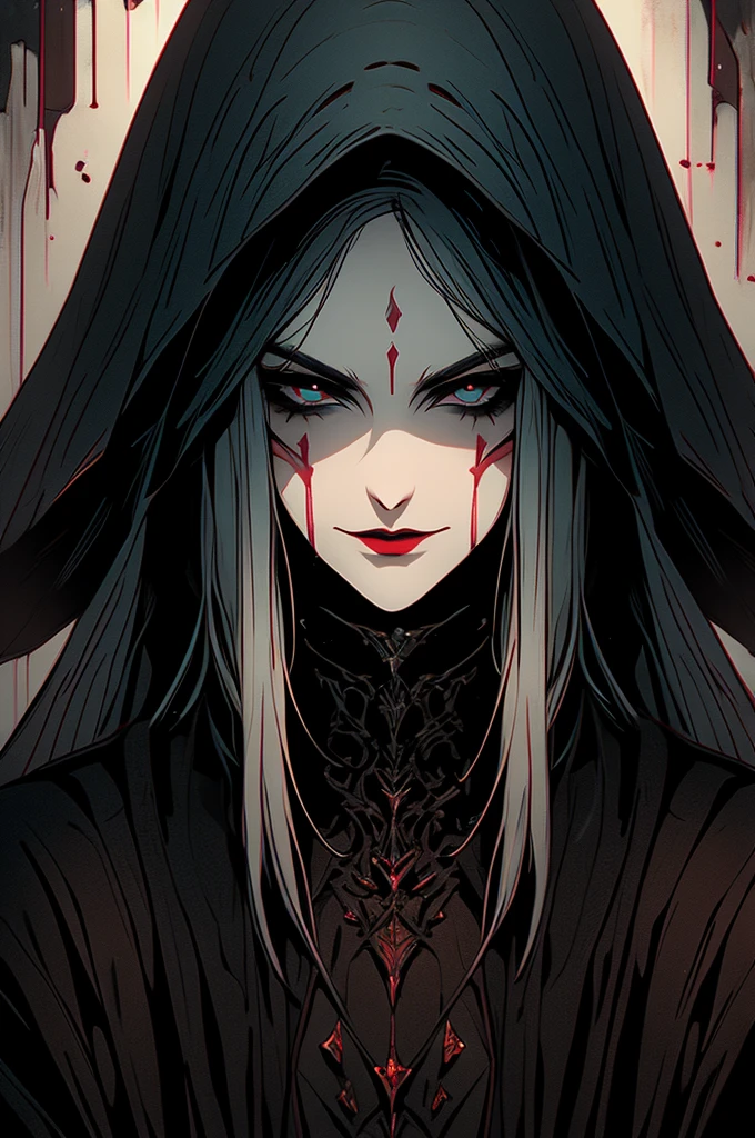 Pale, Creepy cultist, dark elf, low dim lighting, dark chamber, smirk, blood on her face