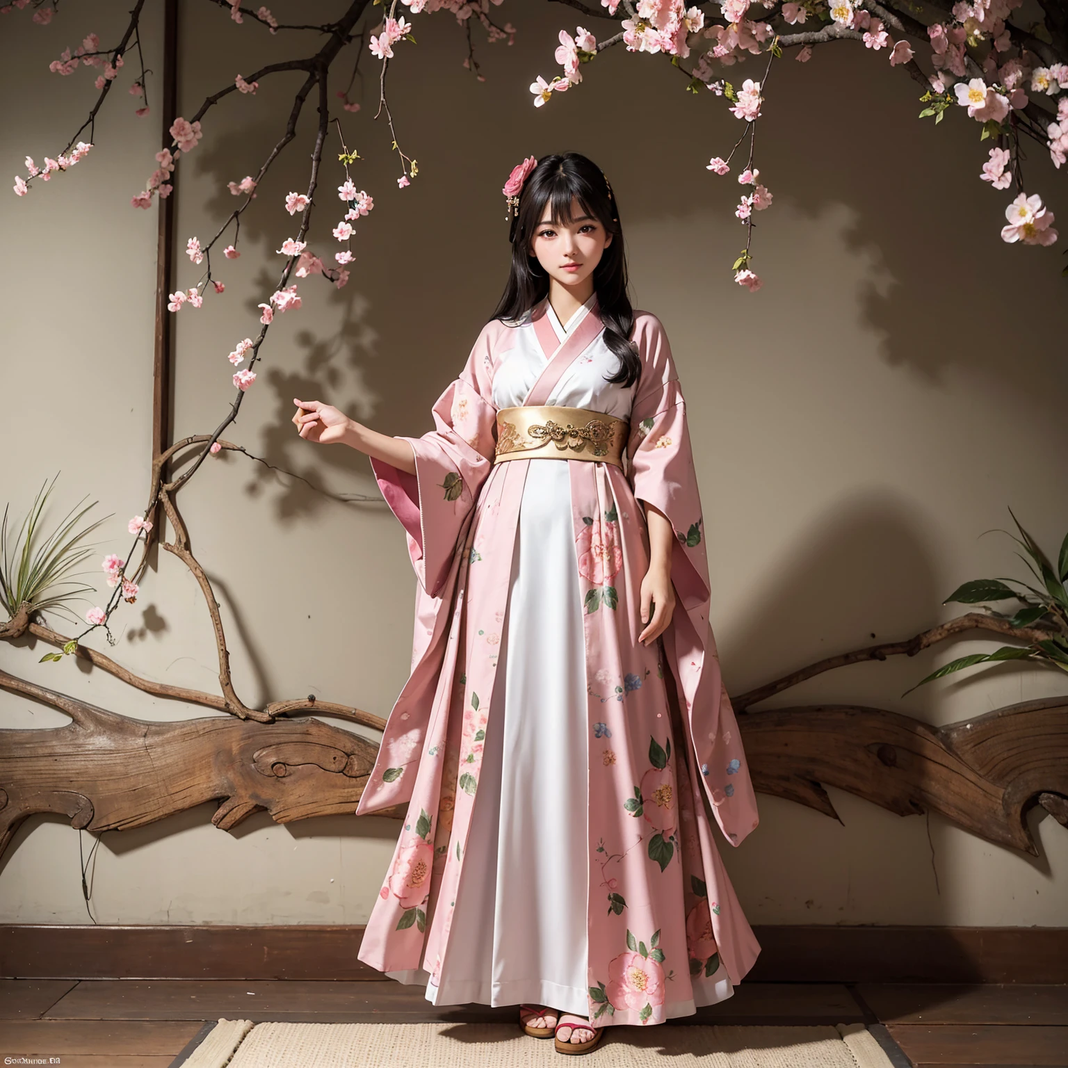(masterpiece, best quality), ultra detailed, high resolution, 16k, the most beautiful face in the world, perfect face, delicate facial features, highly detailed beautiful face and eyes, shiny skin, highly detailed background, elaborately designed, fine cloth texture, perfect anatomy, BREAK, (gorgeous and stunning age girl in Japanese clothes:1.2), perfect make-up, deeply in love, full of elegance, (floral pattern body paint:1.2), solo, (full body:1.5)