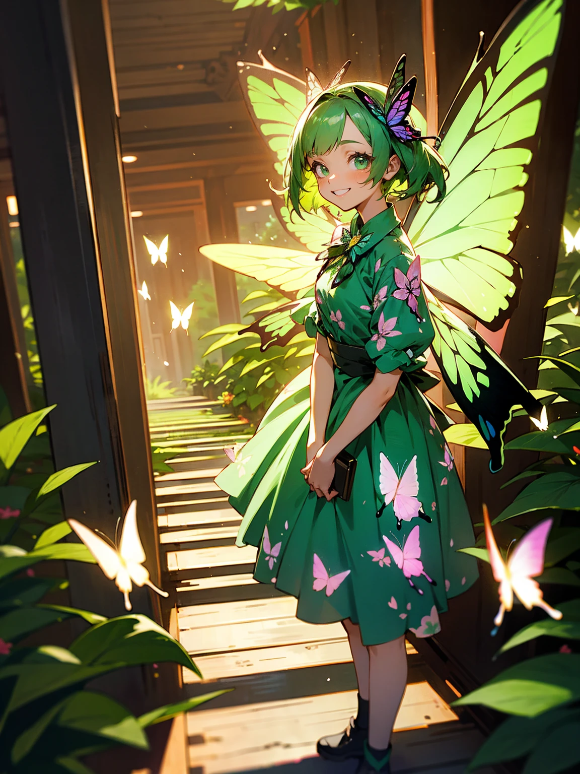Teenage female, green hair, floral dress, butterfly wings, joyful smile, standing on path