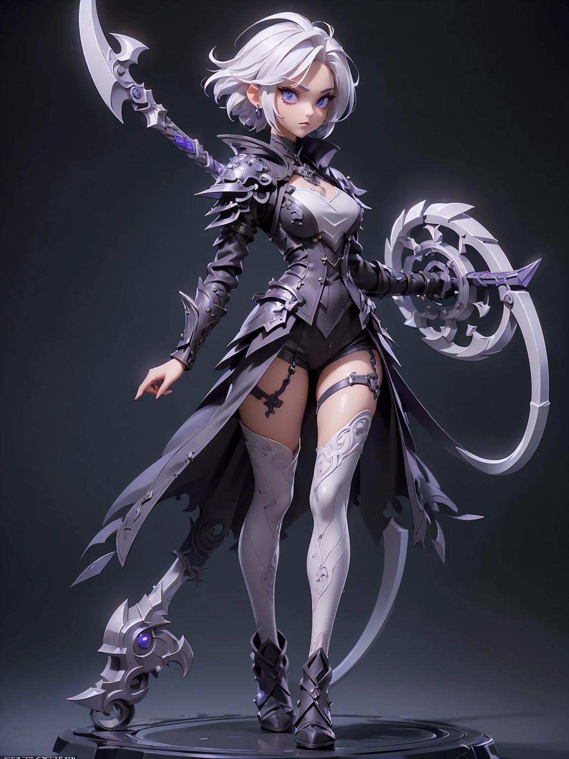 (((masterpiece, best quality, high detailed, 16k))) (1girl)  A breathtakingly beautiful young girl with short stylish white hair and piercing eyes. She wears a demonic armor in purple black and white. wields a large stylized scythe. ((full body front view)), (extremely detailed:1.5)