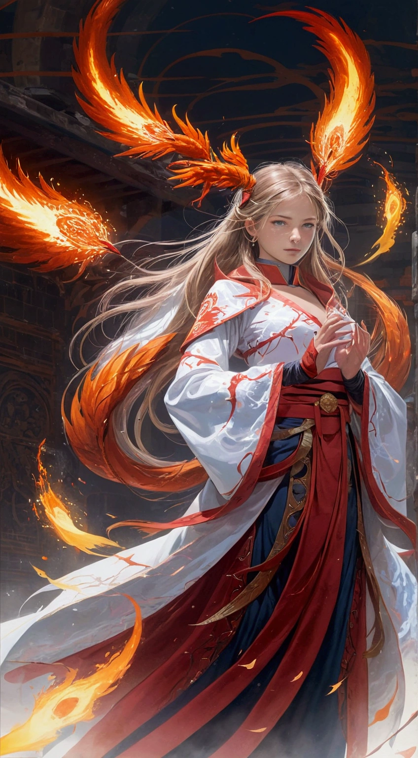 Dancing,Combat Stance,Red aura,using red magic,red magic,One girl,alone,Long Hair,blue eyes,Common Faces,whole body,