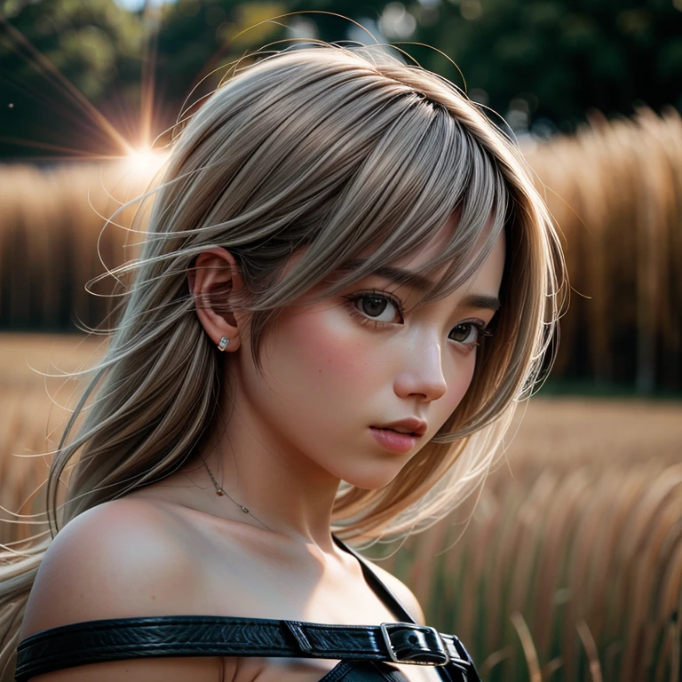(((Misako Renbutsu)))Beautiful Young Female with (Silver Fox Tail) Hiding in Wheat Field, extremely delicate and beautiful,Outstanding light and shadow,Clear and bright sunlight, Professional portrait (Face Closeup from below), Semi-nude photography, ((backlighting, beltbra)), {(Tyndall effect)|lens flare|Shade|bloom|[chromatic aberration]} (Light particles), TopQuality Masterpiece of 8K Ultra-detailed DigitalPainting (by Jeremy Lipking)  