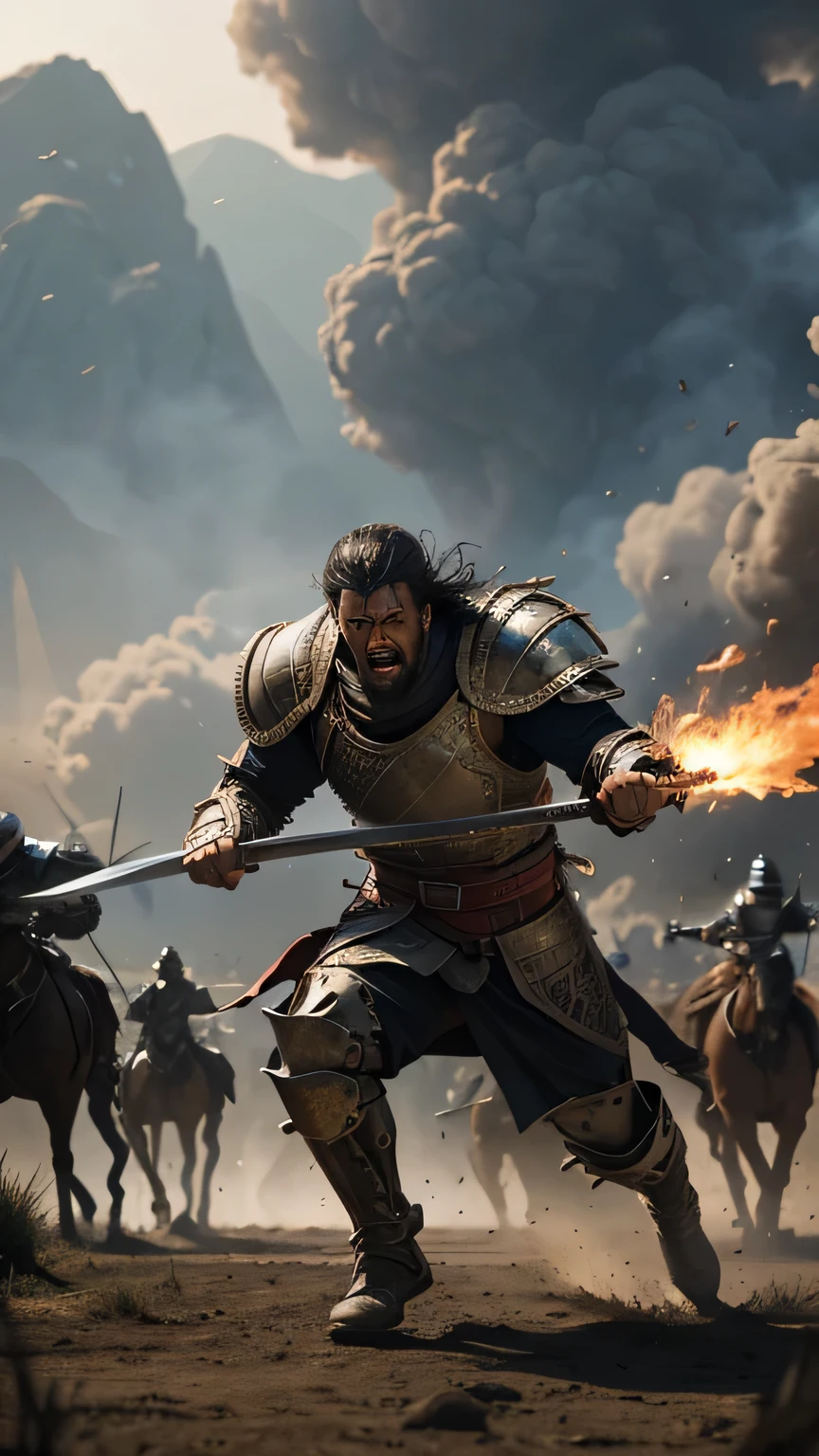 A man filled with rage is running towards a medieval battlefield, holding a sword in his hand. His face shows fury and determination, with eyes blazing with intensity. He wears an ornate and functional armor, marked by previous battles. The background is a chaotic battlefield, with warriors fighting, horses rearing, and banners fluttering. The ground is muddy and strewn with debris, with smoke and dust rising. The man runs with an aggressive posture, ready to face the fight with purpose and courage.