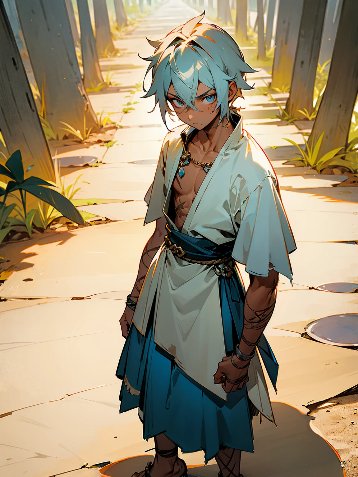 Older male, tanned skin, scars, simple tunic, contemplative expression, standing on path