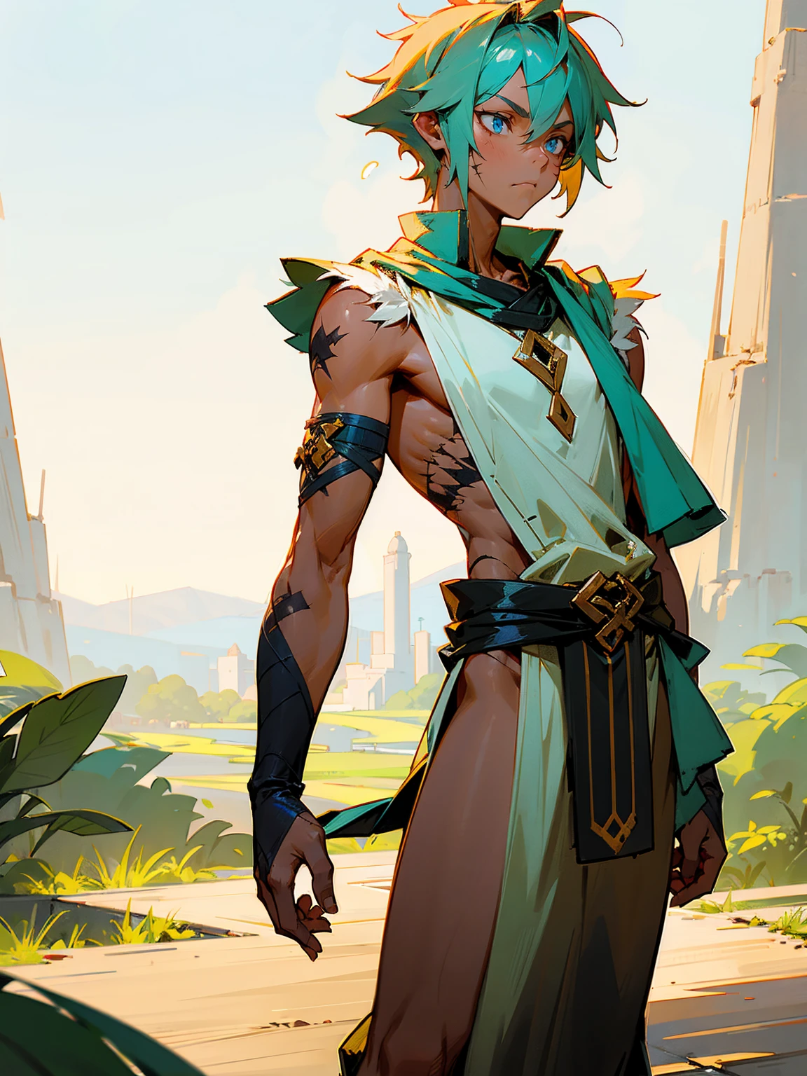 Older male, tanned skin, scars, simple tunic, contemplative expression, standing on path