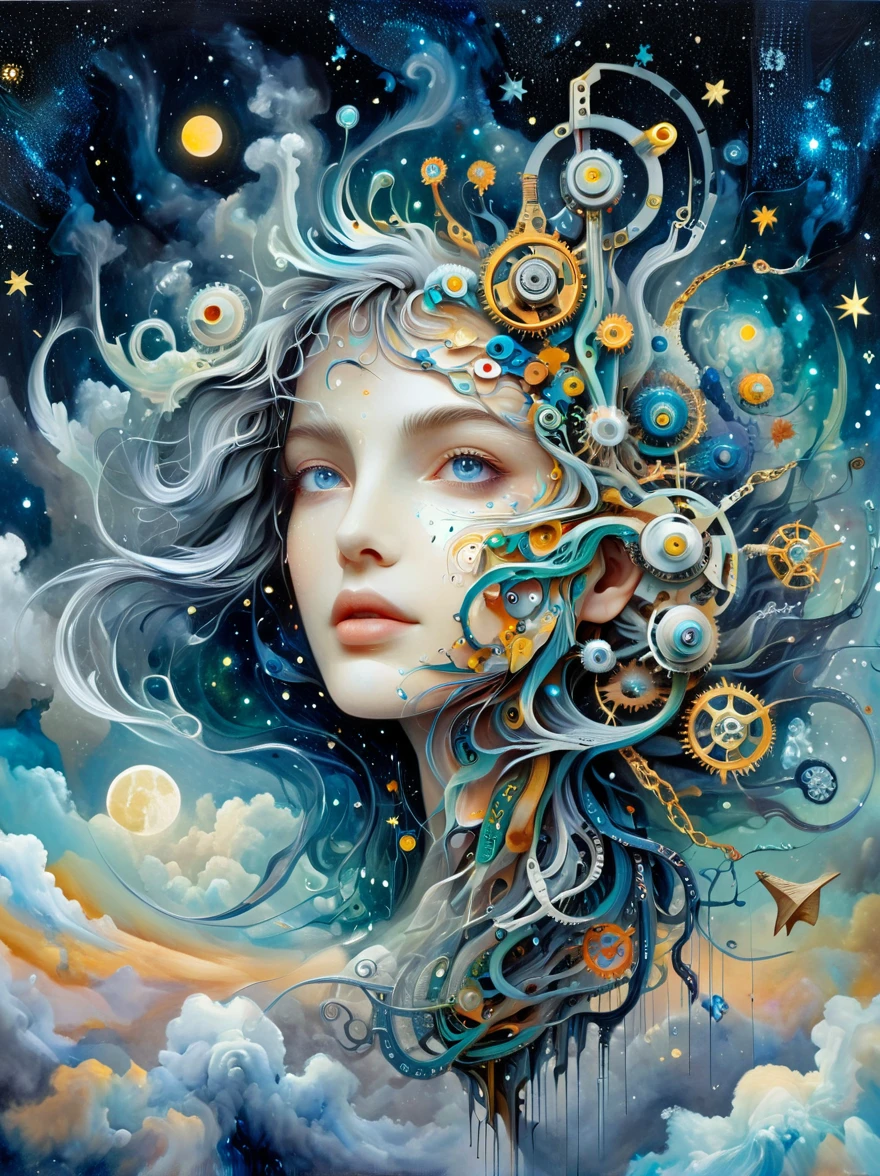 ((microorganism,plant,Marine life,Exquisite eyes,Starry Sky,Stitching together an abstract painting,Describing the inner world of autistic people,Sense of space,White Space,interesting,Innocence,Psychedelic Art)), Create an optical illusion artwork combining elements like eyes, the starry night sky, the universe, Galaxies, a celestial ladder, technology, machinery, and chains. The composition should be complex and intricate, featuring geometric shapes and patterns that link these elements together in a way that creates a strong visual illusion. The artwork should include an eye as a central element, surrounded by a depiction of the universe and Galaxies, with elements of advanced technology and machinery interwoven. The celestial ladder, possibly made of chains or mechanical parts, should connect different parts of the image, defying gravity and perspective. The overall design should be mesmerizing, causing viewers to feel dazzled and disoriented, with a powerful sense of visual illusion.