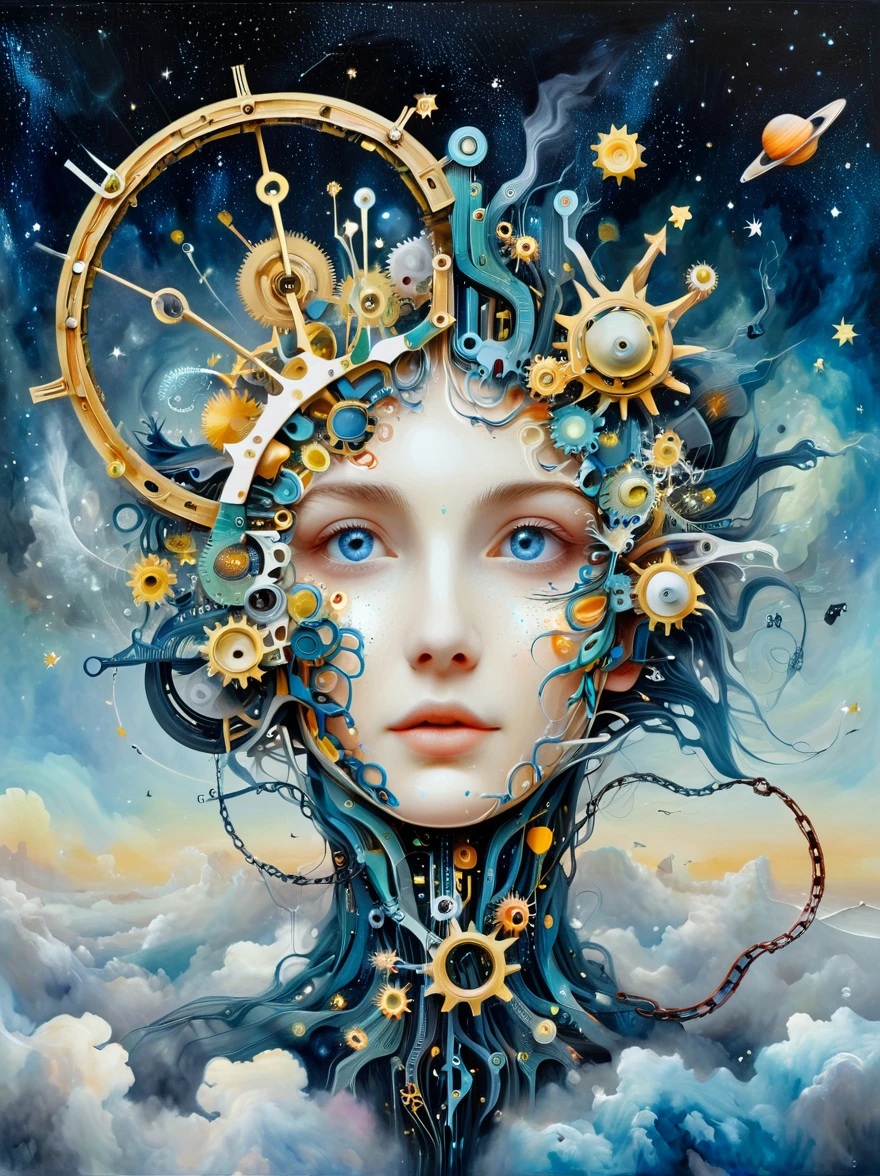((microorganism,plant,Marine life,Exquisite eyes,Starry Sky,Stitching together an abstract painting,Describing the inner world of autistic people,Sense of space,White Space,interesting,Innocence,Psychedelic Art)), Create an optical illusion artwork combining elements like eyes, the starry night sky, the universe, Galaxies, a celestial ladder, technology, machinery, and chains. The composition should be complex and intricate, featuring geometric shapes and patterns that link these elements together in a way that creates a strong visual illusion. The artwork should include an eye as a central element, surrounded by a depiction of the universe and Galaxies, with elements of advanced technology and machinery interwoven. The celestial ladder, possibly made of chains or mechanical parts, should connect different parts of the image, defying gravity and perspective. The overall design should be mesmerizing, causing viewers to feel dazzled and disoriented, with a powerful sense of visual illusion.