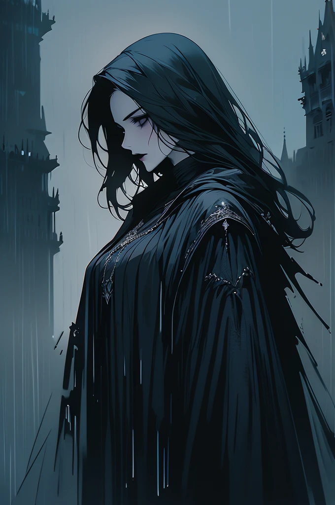 Attractive female with pale skin silver eyes, black lipstick, She has raven black ragged hair, wearing a thin robe like cloak, in a dark Field with a castle behind her, and a raven is flying next to her at night in the rain. dark fantasy art, gothic, with raven on her shoulder