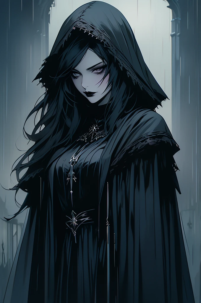 Attractive female with pale skin silver eyes, black lipstick, She has raven black ragged hair, wearing a thin robe like cloak, in a dark Field with a castle behind her, and a raven is flying next to her at night in the rain. dark fantasy art, gothic, with raven on her shoulder