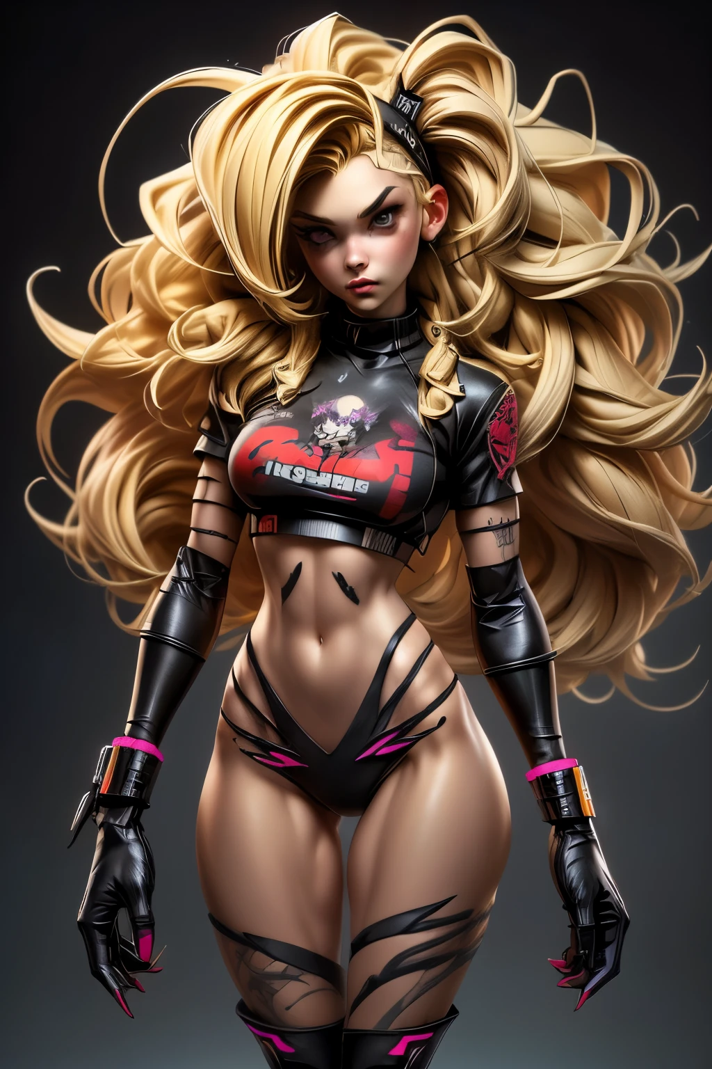 ((best qualityer)), ((Masterpiece artwork)), ((realisitic)) and ultra-detailed photograph of a 1nerd girl with gothic and neon colors. She has large ((hair blonde)), use a (top tech-wear) and a (black thong, red pattern:1.2) , ((handsome and aesthetic)), sexly, under-breasts, Panas