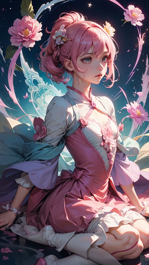 Official Art, unity 8k wallpaper, Very detailedな, Beautiful yet fleeting、beautiful, masterpiece, Highest quality, Japanese style,Pink Carnation (zenTangle, Mandala, Tangle, enTangle), Flower Ecstasy,((Madoka Kaname)) One Girl, Very detailed, Dynamic Angle, Cowboy Shot, The most beautiful form of chaos, ((Magical girlまどか☆マギカ)).elegant, Brutalist Design, Vibrant colors, Romanticism, James Jean, Robbie Dawi Anton, Ross Tran, Francis Bacon, It was very cold, Petra Cortright, Gerhard Richter, takato yamamoto, Ashley Wood, Atmospheric,Pink clothes、Pink HairShort Hair、Magical girl、Adrianne&#39;genius((Big Breasts))((black thong))