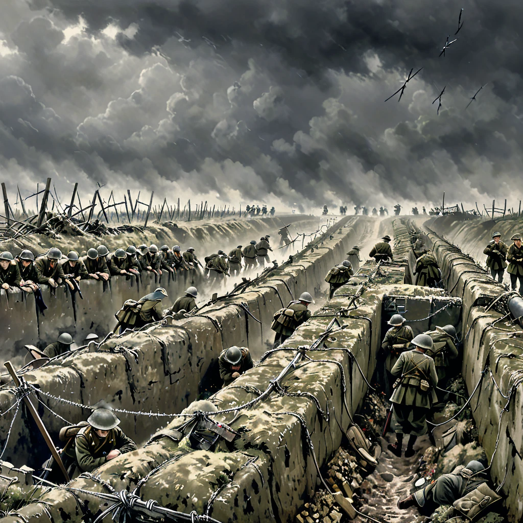 An oil on canvas depiction of World War II in 1916 Ypres. The scene is in widescreen format, showing a somber battlefield with trenches, barbed wire, and a grey, overcast sky. Soldiers are seen in the trenches, some appearing weary and fatigued, with a sense of quiet desolation permeating the scene.