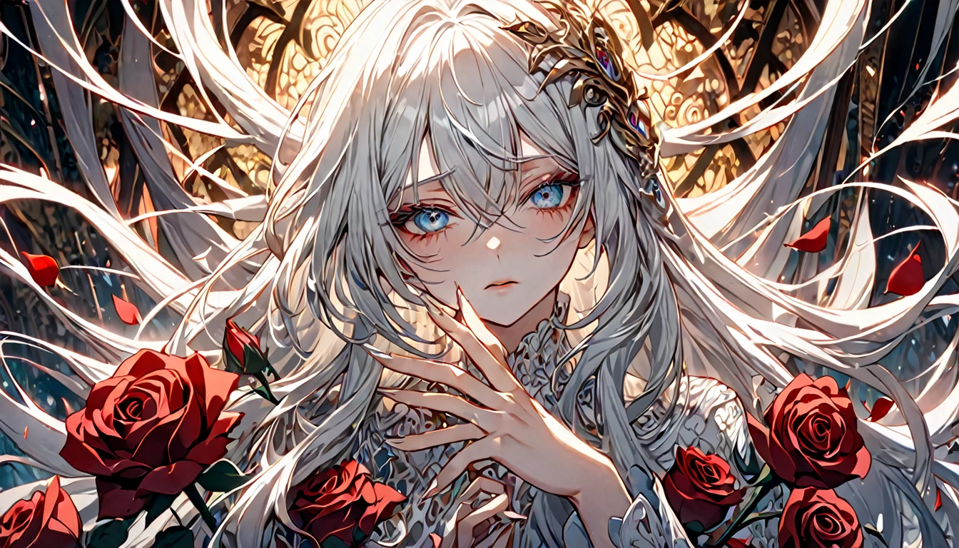 **100. One person。mysterious。Long-haired white-haired girl。Cowboy shot or close-up。
masterpiece , best quality , ultra detailed
(Detailed fingers), (Emotional), (Breathtakingly beautiful), (main part: 1.2 Whole body.), (Anime Style), (Very detailed), (Brutal), (超High resolution, High resolution), (8k), (High resolution: 1.2), (Complex and beautiful: 1.2)**
- background: Rose Maze、The road continues。
- Long-haired white-haired girl: An elegant dress with delicate details、Sparkling Eyes。holding a rose in her hand。
- Effects: Light emanating from a rose、The scent of roses drifting through the maze。