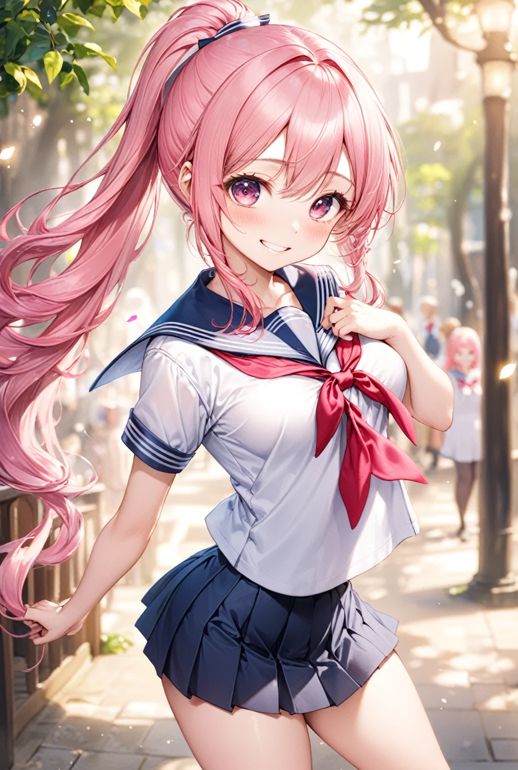 (Highest quality, 8k, 32K, masterpiece, Ultra-high resolution,:1.2),to be born, One Girl,So cute , School-like fantasy background, clear, Shining Eyes, Age 25 ,Fair skin, Girl with pink hair, Slanted Eyes, , An innocent smile, Grin, Large Breasts,  Long Hair, Sailor suit, mini skirt, uniform, , Accentuate your butt, ponytail