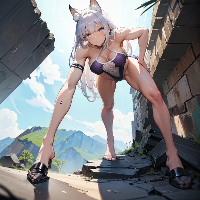 (8k, Realistic, RAW Photos, Highest quality, (from below:2), View your viewers: 1.3), (Fox Girl, Fox Ears, Silver Hair, One Girl, Long Hair, (Alone on the screen, dark skin), High definition:1.6), (Purple clothes, See-through highleg swimsuit beach rhapsody:1.8), (Body measurements are 99-55-77!, Nice body, Big Breasts, slender, muscle, (Stand with your legs apart, I can see the valley, bent over):1.9),(美しいface, Delicate drawing, It is written down in detail), Avatar, face, 色っぽいface, Dominant representation, naughty face, Uplifting, Skin Texture, outside, ruins, Ruined City, Broken Building, There are no people