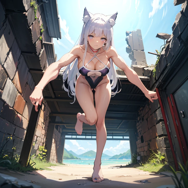(8k, Realistic, RAW Photos, Highest quality, (from below:2), View your viewers: 1.3), (Fox Girl, Fox Ears, Silver Hair, One Girl, Long Hair, (Alone on the screen, dark skin), High definition:1.6), (Purple clothes, See-through highleg swimsuit beach rhapsody:1.8), (Body measurements are 99-55-77!, Nice body, Big Breasts, slender, muscle, (Stand with your legs apart, I can see the valley, bent over):1.9),(美しいface, Delicate drawing, It is written down in detail), Avatar, face, 色っぽいface, Dominant representation, naughty face, Uplifting, Skin Texture, outside, ruins, Ruined City, Broken Building, There are no people