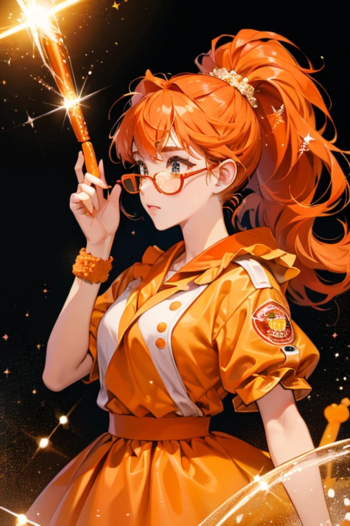 O.J. Bear is an orange GIRL gummy bear with a basic expression and a pair of red glasses. She is coated with glitter. She has hair on the top of her head tied into a ponytail. SPARKLE; GLITTER