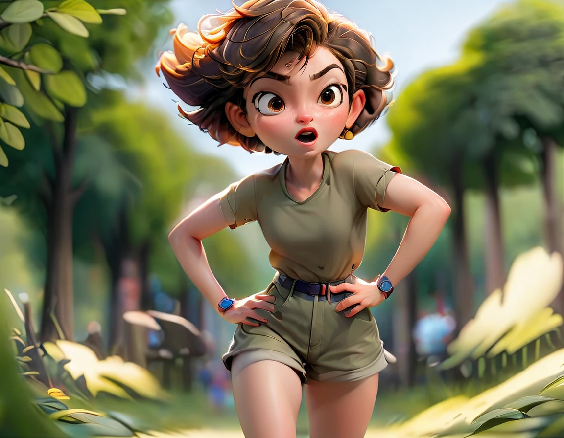 Woman with short hair running in the park in shorts and t-shirt