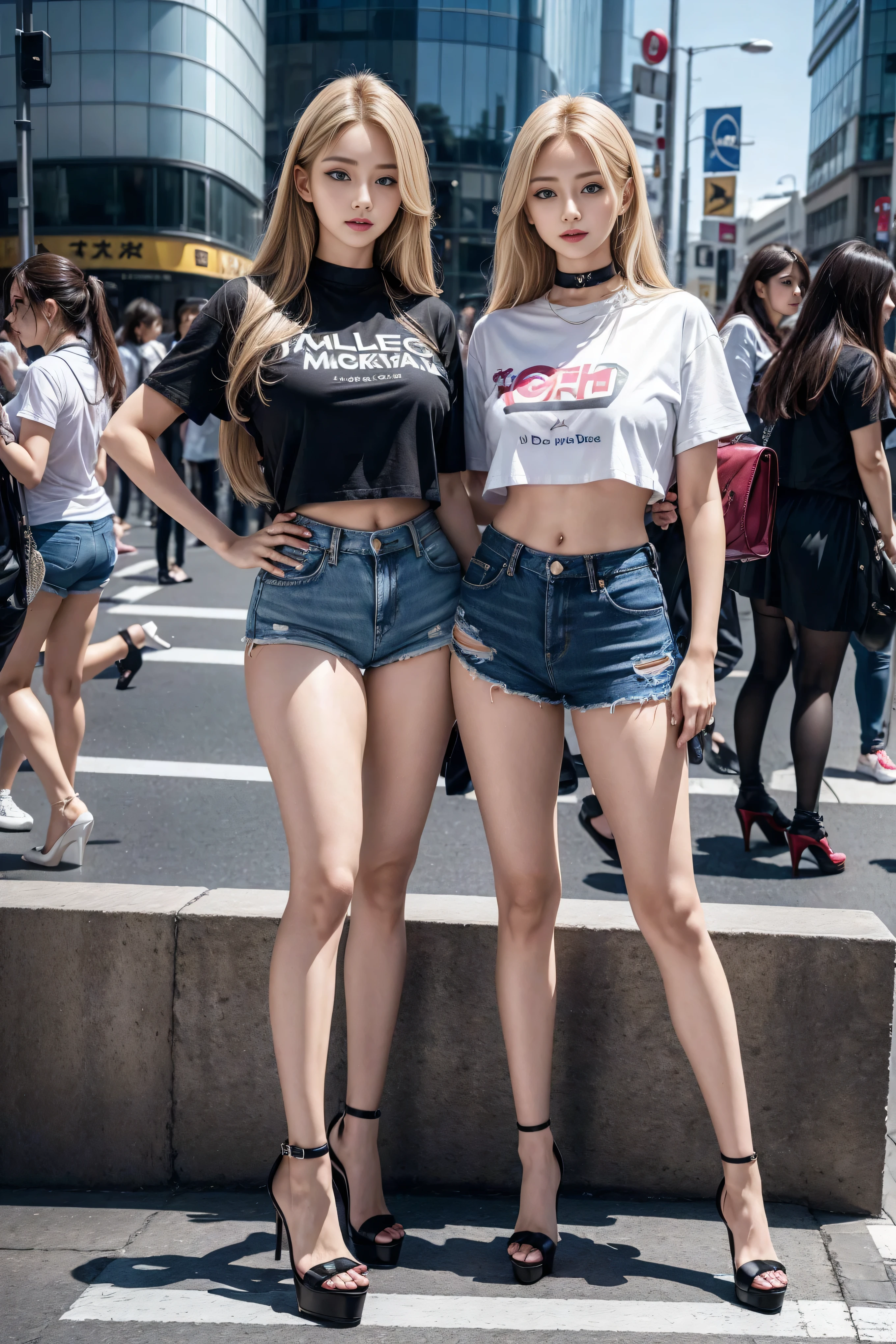 1 girl, (blue eyes), (They smiled), (In the name of Mina), Wide hips, tetas What's the big deals, What's the big deal, (best quality, 8K, masterpiece: 1.3), Perfect hands, Be focused: 1.2, Perfect body beauty: 1.4, Slim abdominal muscles: 1.2, Highly detailed face and skin texture, Exquisite eyes, Double eyelids, (Long blond hair), (Black stand collar T-shirt), (Denim shorts :1.1), (High heel :1.3), Everlasting, Dynamic poses, Background Tokyo Shibuya Crossing.